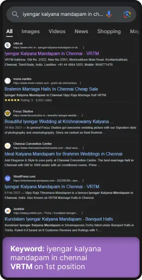 SEO ranking of our client VRTM Chennai