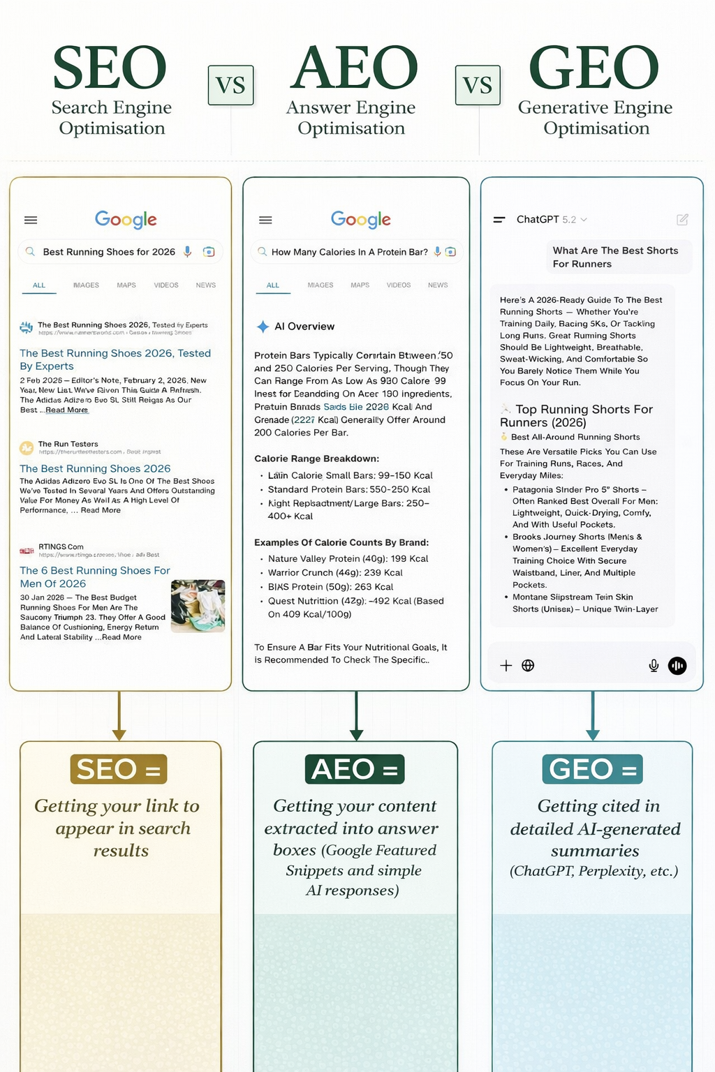 SEO vs AEO vs GEO - Visual comparison showing the differences between Search Engine Optimization, Answer Engine Optimization, and Generative Engine Optimization